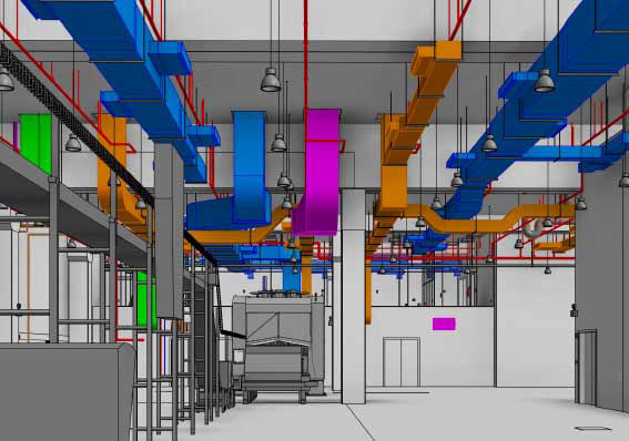 Color-coded BIM model of HVAC ductwork and piping systems